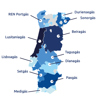 Mapa rede de distribuição de gás natural em Portugal