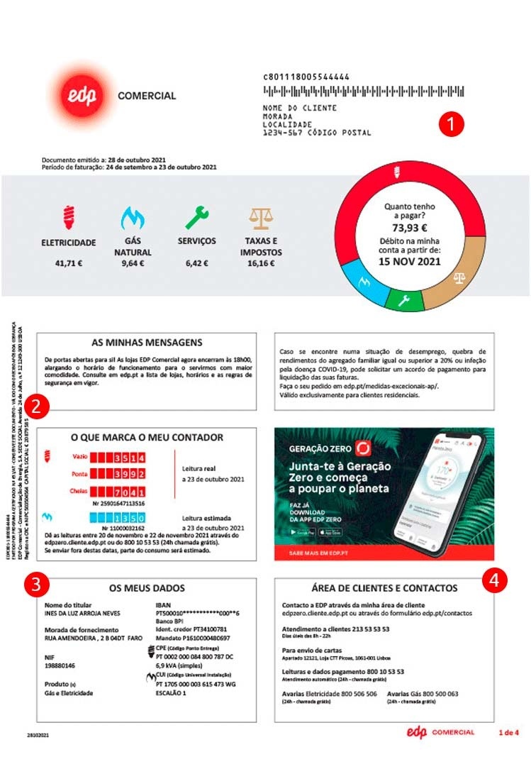 Primeira página de uma fatura EDP
