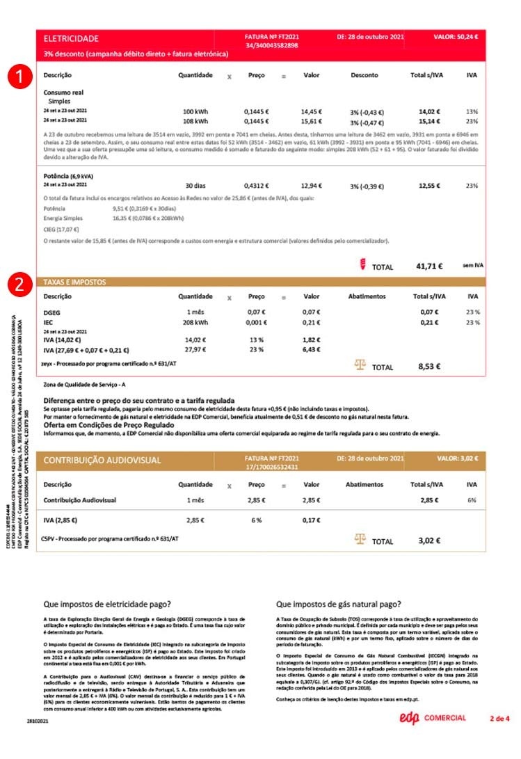 Segunda página de uma fatura EDP